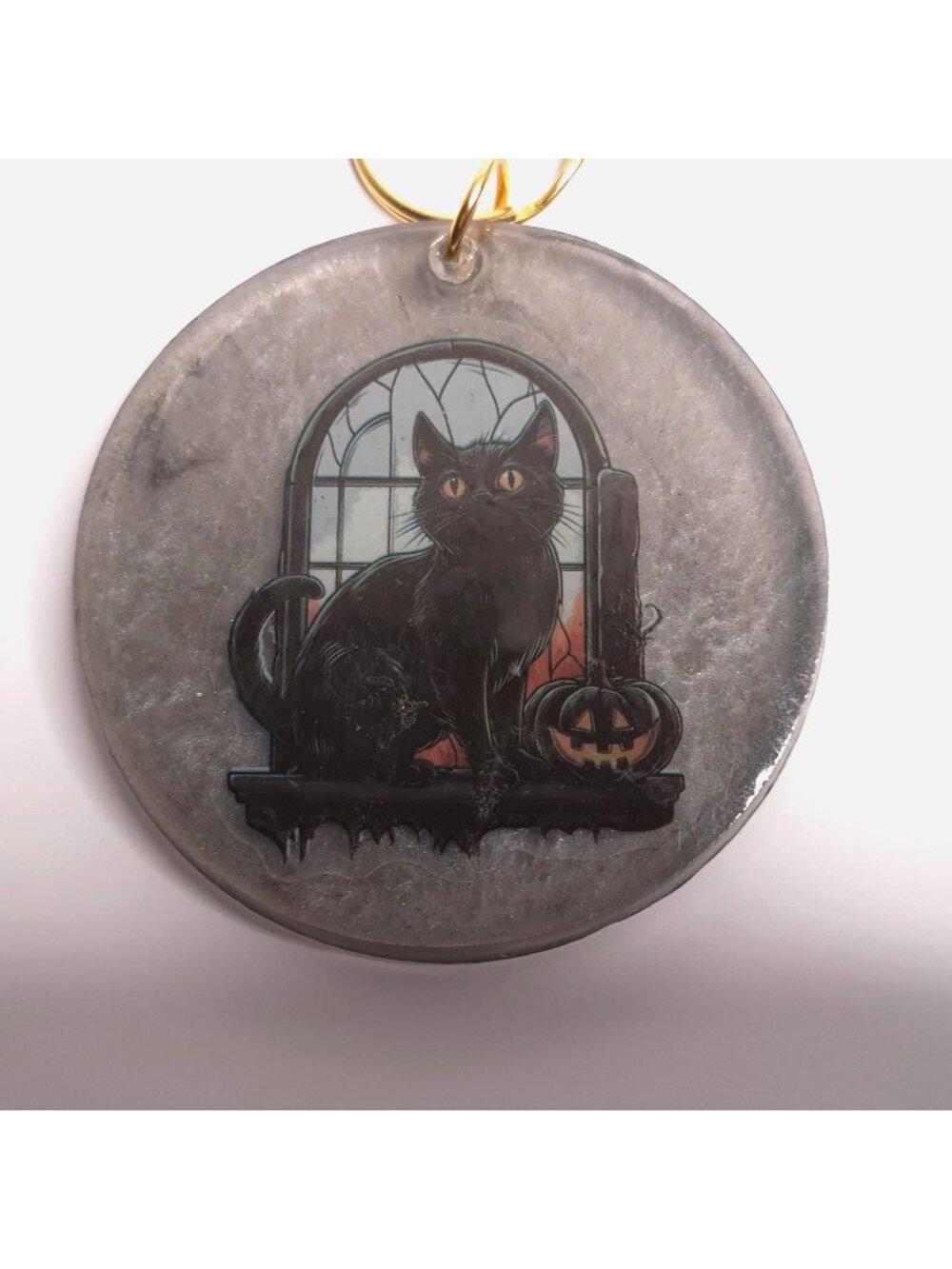 Black Cat Halloween Resin Keychain Bag Charm 2.75 in Handmade Gift Cat Lovers
